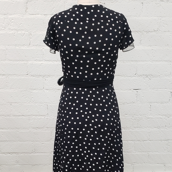 Black 40s style polka dot wrap mini dress S M - Picture 4 of 5